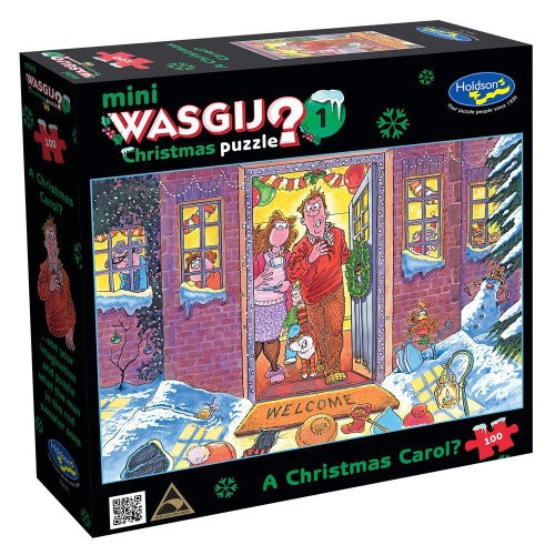 Christmas-themed 100-piece puzzle featuring whimsical scenes and humor, suitable for all ages, made with eco-friendly materials.