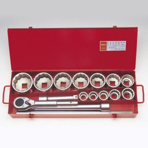 Koken 8225M 15-piece 1" drive metric socket set, includes 32-80mm sockets and a sturdy metal case for storage.