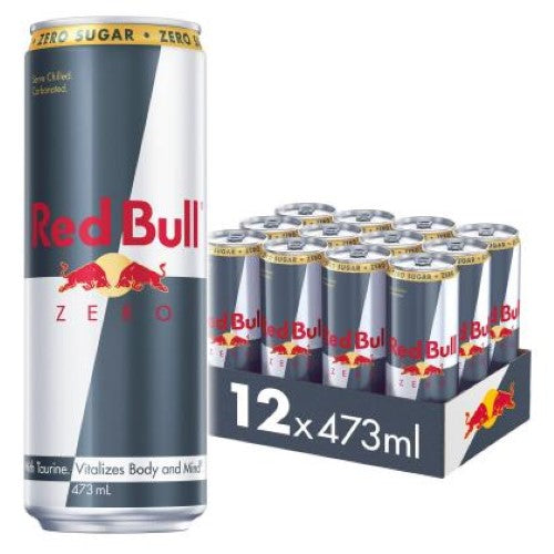 Twelve-pack of Red Bull Zero 473ml cans, sugar-free energy drink for a quick revitalizing boost without calories.