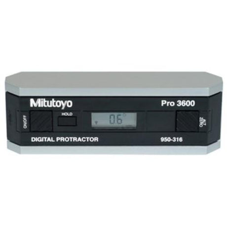 High-accuracy Mitutoyo PRO3600 digital protractor with 360° range, LCD display, lightweight aluminum frame, and easy calibration.