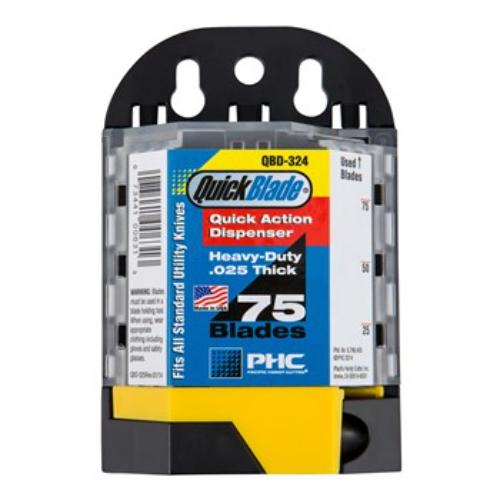 PHC Heavy Duty Utility Blades in a box of 75, featuring sharpness, safe dispensing, and compatibility with standard utility knives.