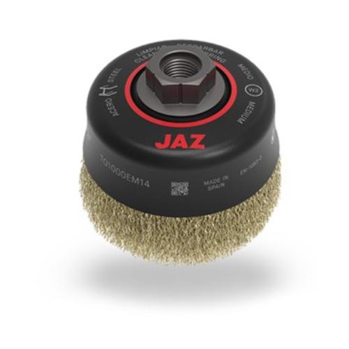Jaz Cup Brush Crimped 100mm, durable coated steel, removes rust/paint for metal, stone, concrete; M14x2, max 8,500 RPM.
