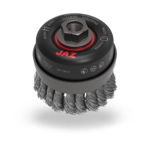 Jaz Cup Brush Twist Knot, 80mm diameter, designed for angle grinders; ideal for cleaning metal structures and welding scale.