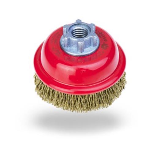Jaz Cup Brush for high-speed grinding, 75mm diameter, M14 x 2, crimped steel wires for flexible, aggressive cleaning.