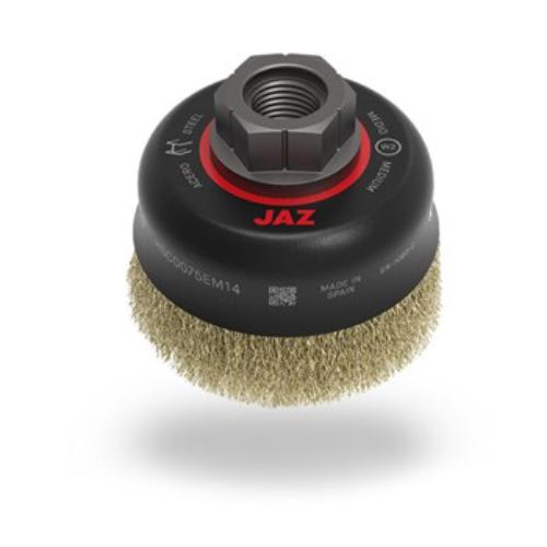 High-speed Jaz Cup Brush, 75mm diameter, laminated wire for efficient surface cleaning with M14 x 2 thread, max RPM 15,000.