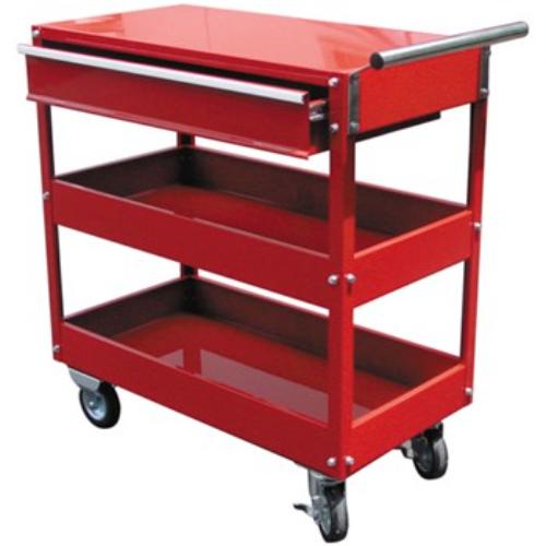 Torin Big Red TC301-II tool cart with 3 tiers, 2 large trays, a drawer, and 4 durable castors for easy mobility.