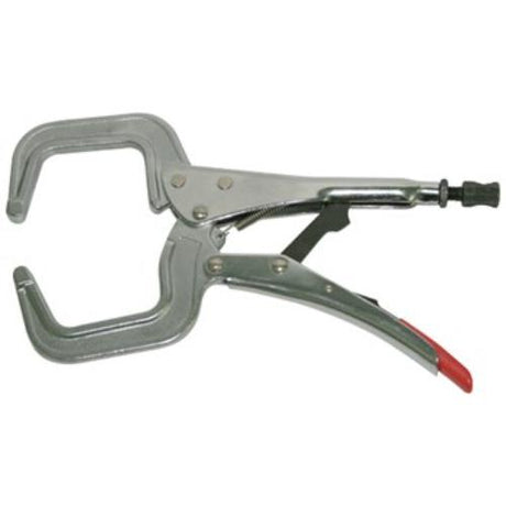 Strong Hand Locking C Clamp with round tip, made of heat-treated steel for durability, ideal for woodworking and metalworking.