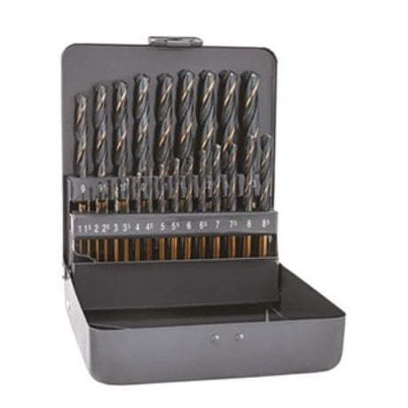 25-piece Alpen Sprint Master drill set in metal case, featuring precision HSS drills from 1.0mm to 13.0mm for versatile applications.