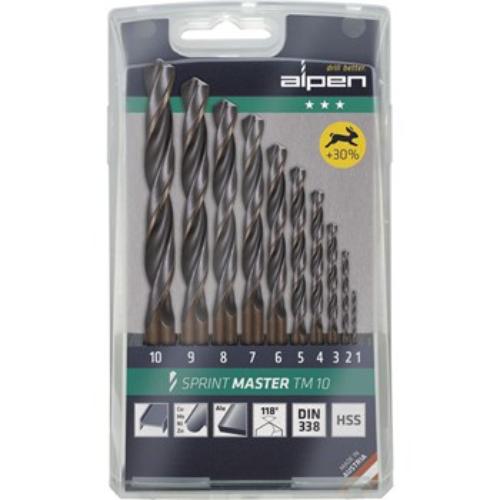 Alpen Sprint Master TM10 set of 10 high-speed steel drills in a plastic cassette, sizes 1.0 to 10.0 mm, ideal for precision tasks.