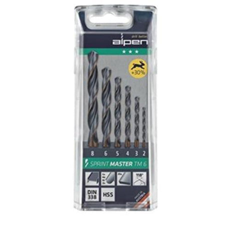 Alpen Set Sprint Master TM6: 6 premium M2 HSS drills in a plastic cassette, sizes 2.0mm to 8.0mm for versatile drilling needs.