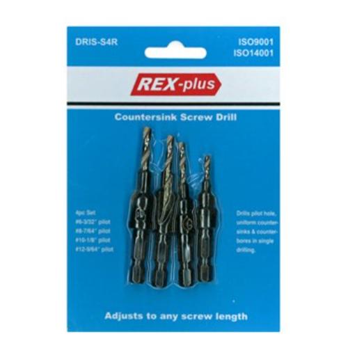 Rex-Plus 4pc Countersink Screw Drill set with precision countersinks for #6, #8, #10, #12 screws for smooth, flush finishes.