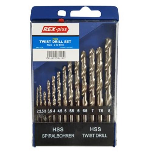 Rex-Plus HSS4241 Twist Drill Set featuring 13 high-speed steel bits from 2mm to 8mm in a compact storage case.