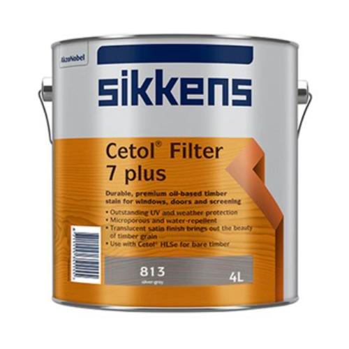 Sikkens Filter 7 Plus Silver Grey 4L wood stain for exterior timber, offering UV protection and a durable, translucent finish.