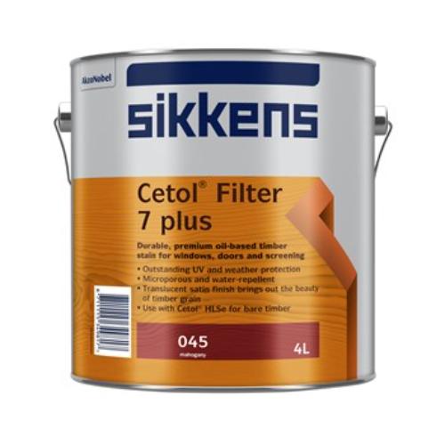 Sikkens Filter 7 Plus Mahogany 4L wood stain, providing UV protection and breathability for outdoor wood surfaces.