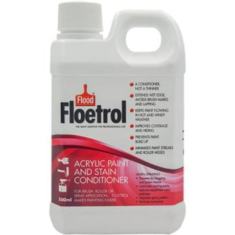 Flood Floetrol 500ML paint additive enhances acrylic paints for a smooth, professional finish with extended open time.