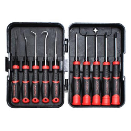 AmPro 10pc Pick and Precision Screwdriver Set in a storage case, featuring various screwdrivers and specialized tools for delicate repairs.