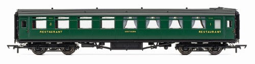 Hornby Trains SR Maunsell Dining Saloon 3rd model with detailed interior, designed for 64 diners and authentic Southern Railway charm.