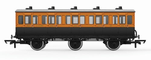 Hornby LSWR 6WC 3rd Cl. 821 model coach, showcasing vintage railway design with detailed step boards and oil lamp lighting.
