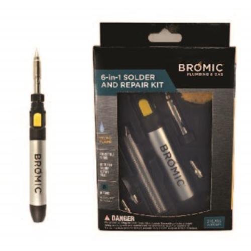 Bromic 6-in-1 Butane Soldering Kit with adjustable flame, multiple tips, and tools for soldering, cutting, and crafting.