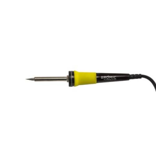 Bromic 40W soldering iron with fast-heat ceramic element, chrome tip, anti-slip grip, and included resting stand.