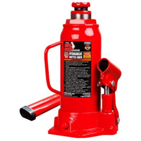 Torin Big Red Welded Bottle Jack, 4-ton capacity, features a secure saddle, adjustable height, and a stable wide base.