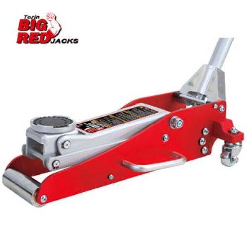 Torin Big Red Aluminium/Steel Garage Floor Jack, 1.5 ton capacity, low-profile design, dual pump pistons for quick lifting.