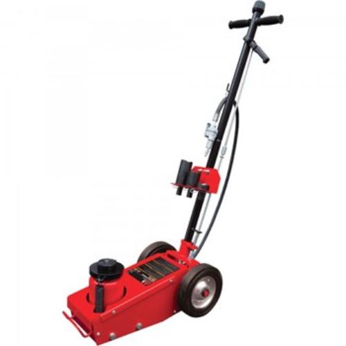 Torin Big Red Pneumatic Axle Jack, 22-ton capacity, adjustable height, and safety certified for heavy-duty lifting tasks.