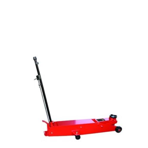 Heavy-duty Torin Big Red 10-ton garage jack with long frame, foot pedal, and oversized casters for easy maneuverability.