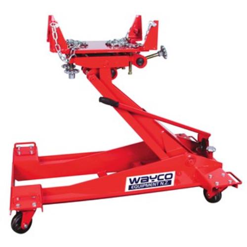 Wayco Truck Transmission Lifter, 1.5 ton capacity, adjustable head, 360° swivel handle, ideal for heavy-duty automotive lifting.