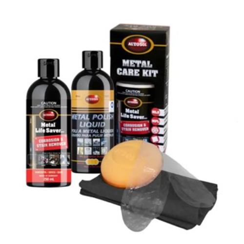 Autosol Metal Care Kit: comprehensive metal cleaning kit for deep shine and rust removal, includes polish, gloves, and applicator.