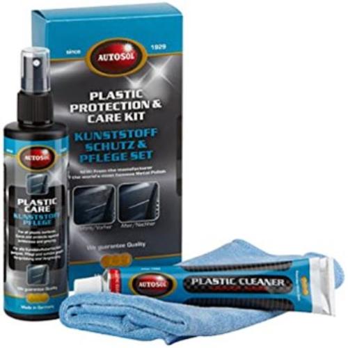 Autosol Plastic Protection Care Kit: 3-piece set for cleaning and protecting vehicle plastics, includes cleaner, care formula, and cloth.