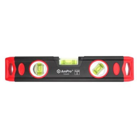 9-inch AmPro aluminium magnetic level with three angles for precise measurements and strong magnetic edge for secure positioning.