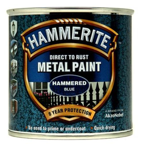 Hammerite Hammered 250ml Blue paint for direct application on rusty metal, offering 8 years of durability and a unique hammered finish.