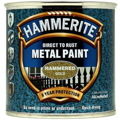 Hammerite Hammered 250ml Gold paint provides direct-to-rust application with a beautiful hammered finish and 8 years of protection.