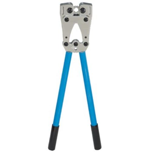 Hexagonal crimper for cables 6-120mm², featuring ergonomic grips and spring-loaded locking pin for precise, reliable connections.