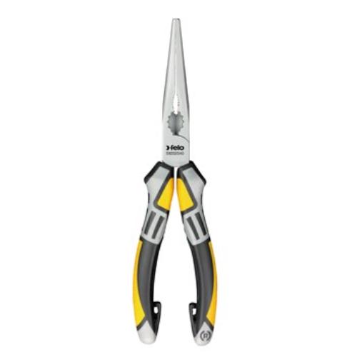Felo 205mm chain nose radio pliers with textured teeth, ergonomic handles, and corrosion protection for precision wire work.