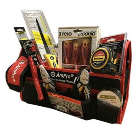 Felo 15-piece electrician tool kit with tote, including pliers, wire stripper, saw, screwdriver set, and tape measure.
