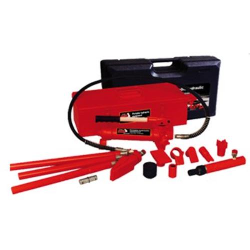 Torin Big Red T70401 hydraulic power kit for heavy lifting, includes hand pump, ram, and accessories in a portable case.