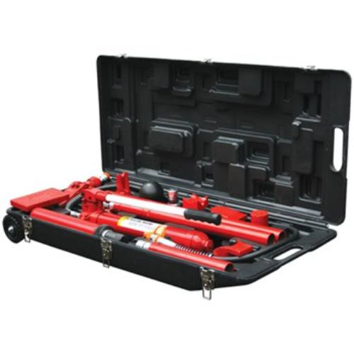 Torin Big Red T71002L 10-ton hydraulic power kit in wheeled case, includes hand pump, ram, and accessories for collision repair.