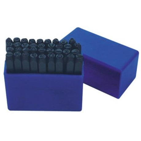 AmPro 27-piece letter punch set for precise 4mm letter stamping on leather, metal, and custom signage. Durable steel construction.