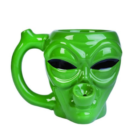 Alien-themed coffee mug with integrated water pipe, in jade green, for a unique dual-function beverage experience.