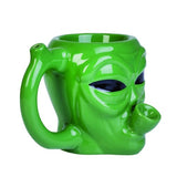 "Whimsical jade green Alien Wake & Bake coffee mug with integrated water pipe, perfect for coffee and chill."