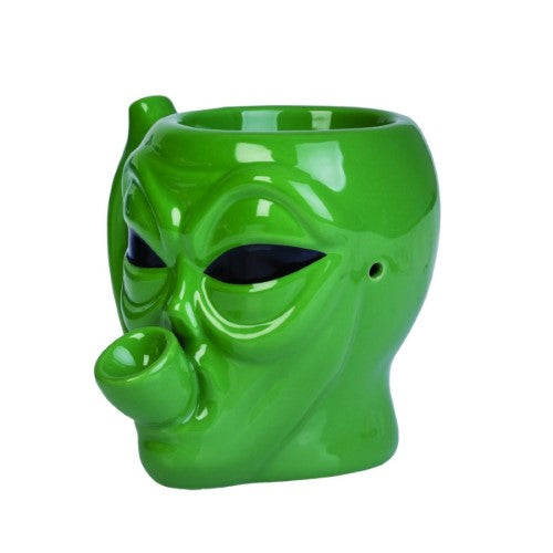 Jade green alien-themed coffee mug with integrated water pipe for a dual function experience.