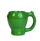 Alien Wake & Bake Coffee Mug with jade green design and integrated water pipe for coffee and relaxation, 14.5cm tall.