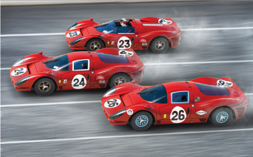 Slot car set featuring detailed replicas of Ford MKIIs and Chaparral, inspired by the 1967 Daytona 24 Hours race.