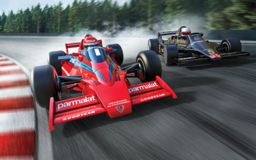 Slot car set featuring the legendary Brabham BT 46B 'Fan Car' and iconic Lotus 79 from the 1978 Swedish GP.