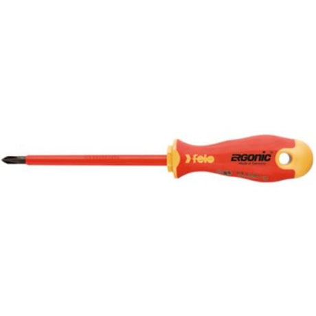 Felo 413 Ergonic Screwdriver: insulated flat tool with ergonomic handle, precision tip, and VDE certification for electrical work.