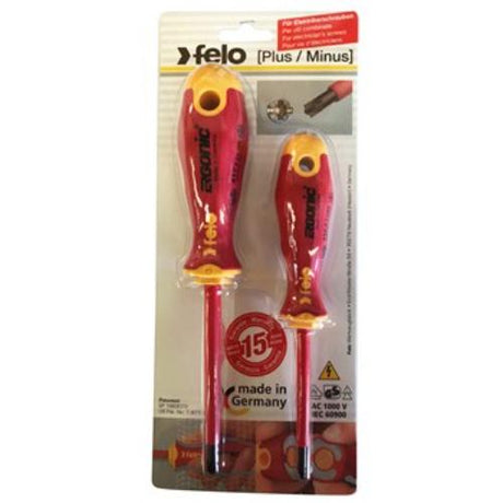 Felo 417 Ergonic Insulated Screwdriver Set with Z1 and Z2 sizes, ergonomic design, VDE certified for safety and comfort.