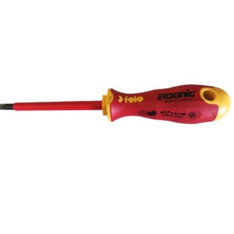 Felo 417 Ergonic Insulated Screwdriver with hardened tip, ergonomic handle, VDE-rated for safety, perfect for precision tasks.
