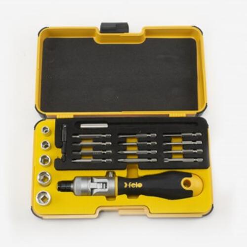 Felo ERGONIC K Socket & Bit Set featuring ergonomic handle, 180° pivoting head, and high-performance 60-tooth ratchet.